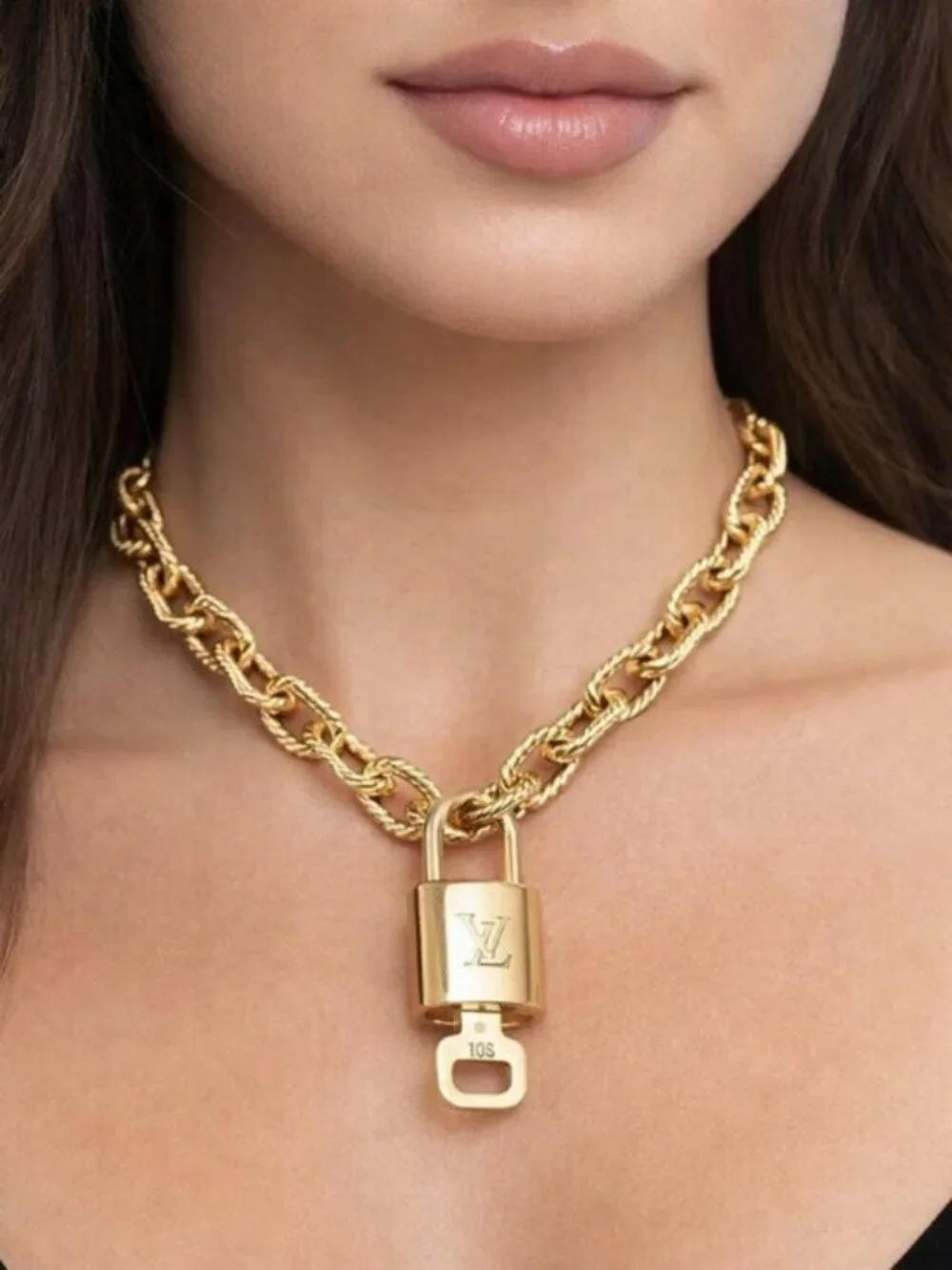 Authentic Louis Vuitton Lock and Key Gold Color with Gold Plated Chain Necklace